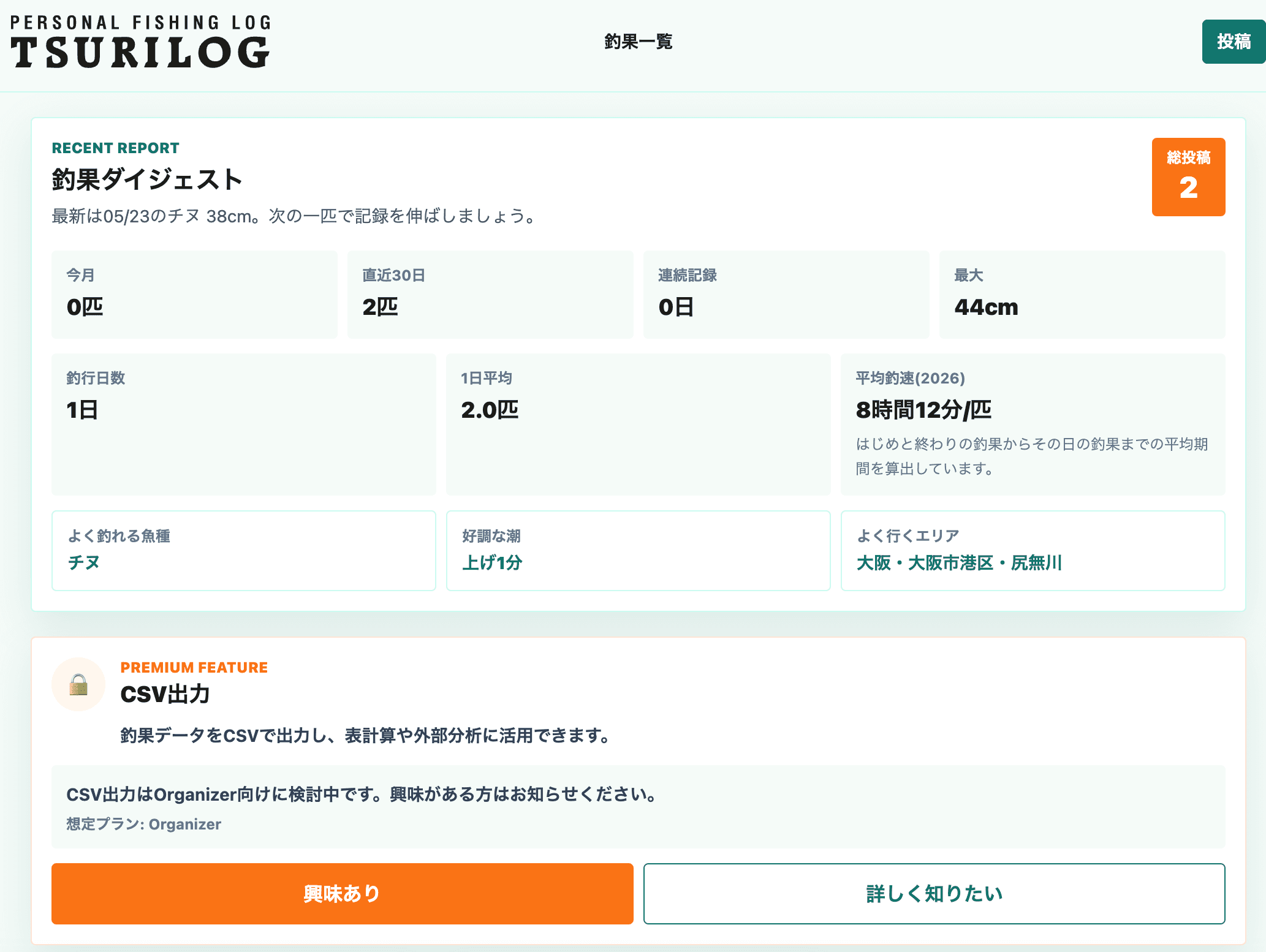 釣果ダイジェストを表示した実際の釣りローグ画面